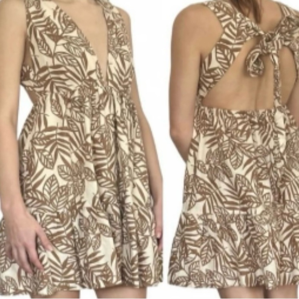House Of Harlow 1960 Tan Brown Leaf Linen Blend Deep V Tie back Sundress Size M